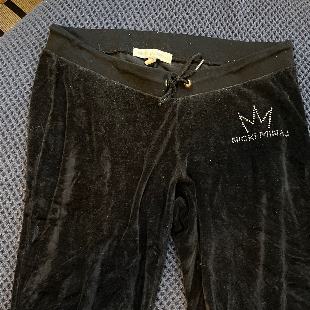 Nicki Minaj Y2K Black Velour Sweatpants with Gold Crown Embellishment
